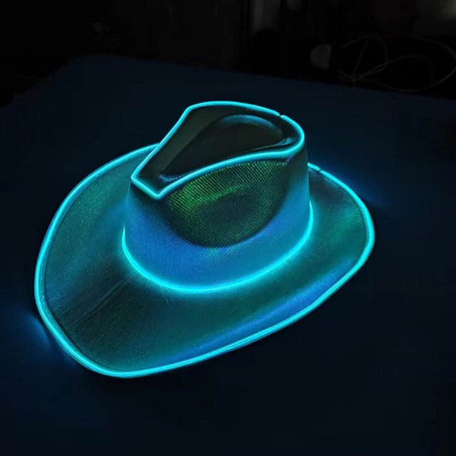 LED Party Cowboy Hat by Czzoypi with glowing LED accents along the brim and crown, powered by two AA batteries (not included). This unisex party hat features multiple lighting modes, including steady glow, slow flashing, and fast flashing. Crafted from durable EVA and polyester felt, it is ideal for party supplies, masquerade events, performances, birthdays, Halloween, and festive decorations. Fits sizes 58-60cm.