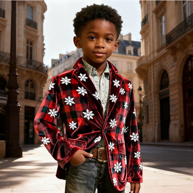 Boys Christmas Print Corduroy Blazer, All Over Christmas Pattern Lapel Suit Jacket with Buttons, Regular Fit Sports Coat for Parties, Prom, and Dinner Events Red