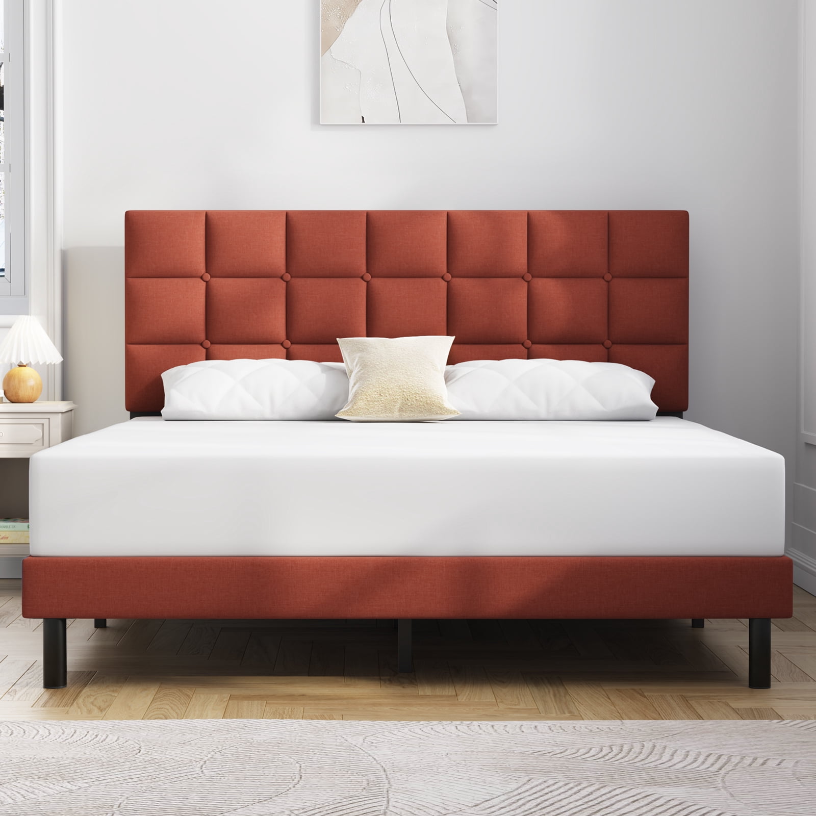 Queen Bed Frame, Queen Size Platform Bed With Fabric Upholstered Headboard, Red