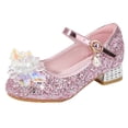 thumbnail image 1 of GPOECD Paillettes Scintillantes Fleur Talons Bas Sandales Filles Robe Fête Spectacle Danse Chaussures Strass Âges 4-9 Rose,30, 1 of 4