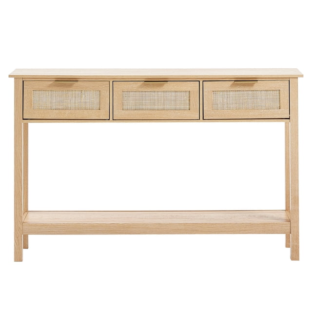 KFFKFF Natural Finish Rattan Console Table with three storage drawers featuring rattan panels, a sliding rattan door, and an open bottom shelf. Made from sturdy MDF with a natural oak wood grain finish, this versatile table is ideal for living rooms, studies, hallways, or as an entryway table or TV stand.