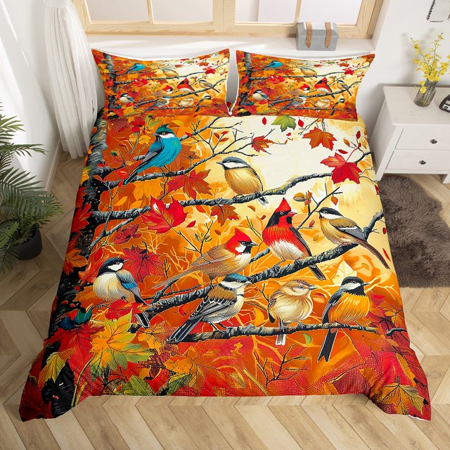 YST Happy Fall Autumn Bedding Set, Thanksgiving Autumn Maple Tree Birds Comforter Cover For Kids Fall Cardinal Bird Duvet Cover, Watercolor Print Bed Set Full With 2 Pillowcases