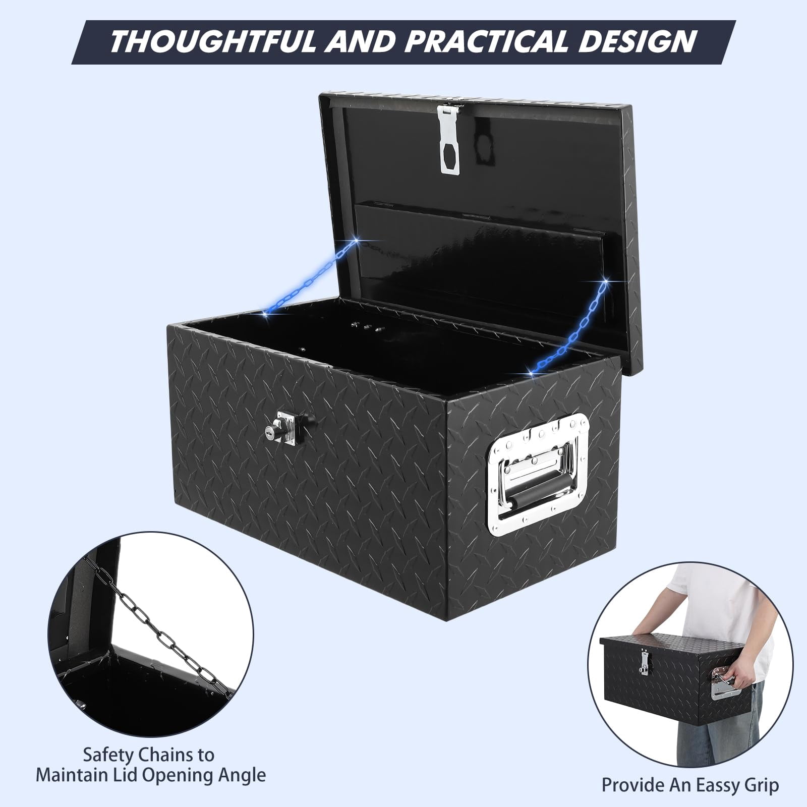 BeesClover 20 Inch Aluminum Diamond Plate Tool Box With Lock and Keys, Heavy Duty Waterproof Truck Storage Organizer Chest for Pick Up Truck Bed, Rv Trailer/Van With Side Handle