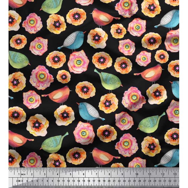 Soimoi Velvet Fabric Bird & Anemone Floral Fabric Prints by Yard 58 Inch Wide