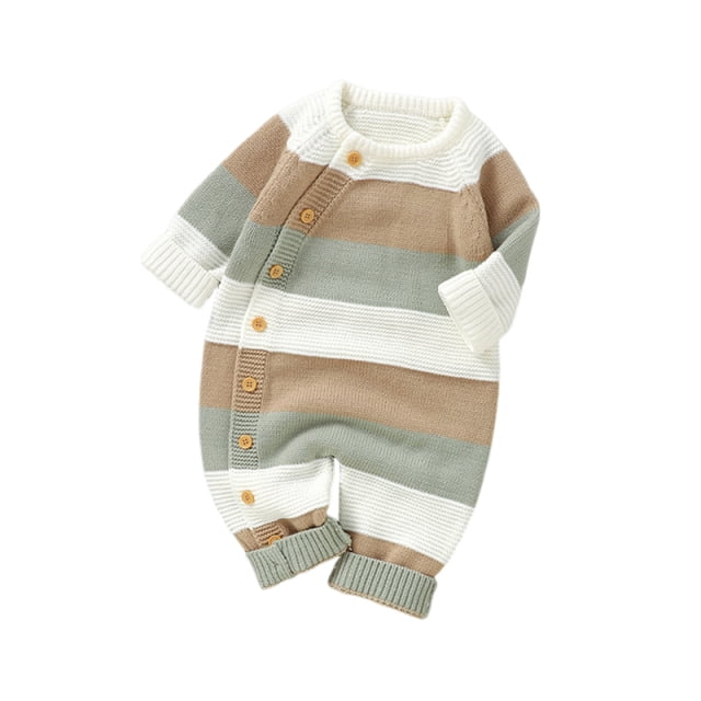 UAMVSH newborn striped sweater romper for baby boys and girls, featuring a warm color block design in white, beige, and green tones. This long-sleeve baby bodysuit has a button-down closure and ribbed cuffs, suitable for fall and winter wear. Made from soft, breathable cotton fabric, ideal for infants aged 12-18 months. Perfect for casual wear, family gatherings, or baby shower gifts.