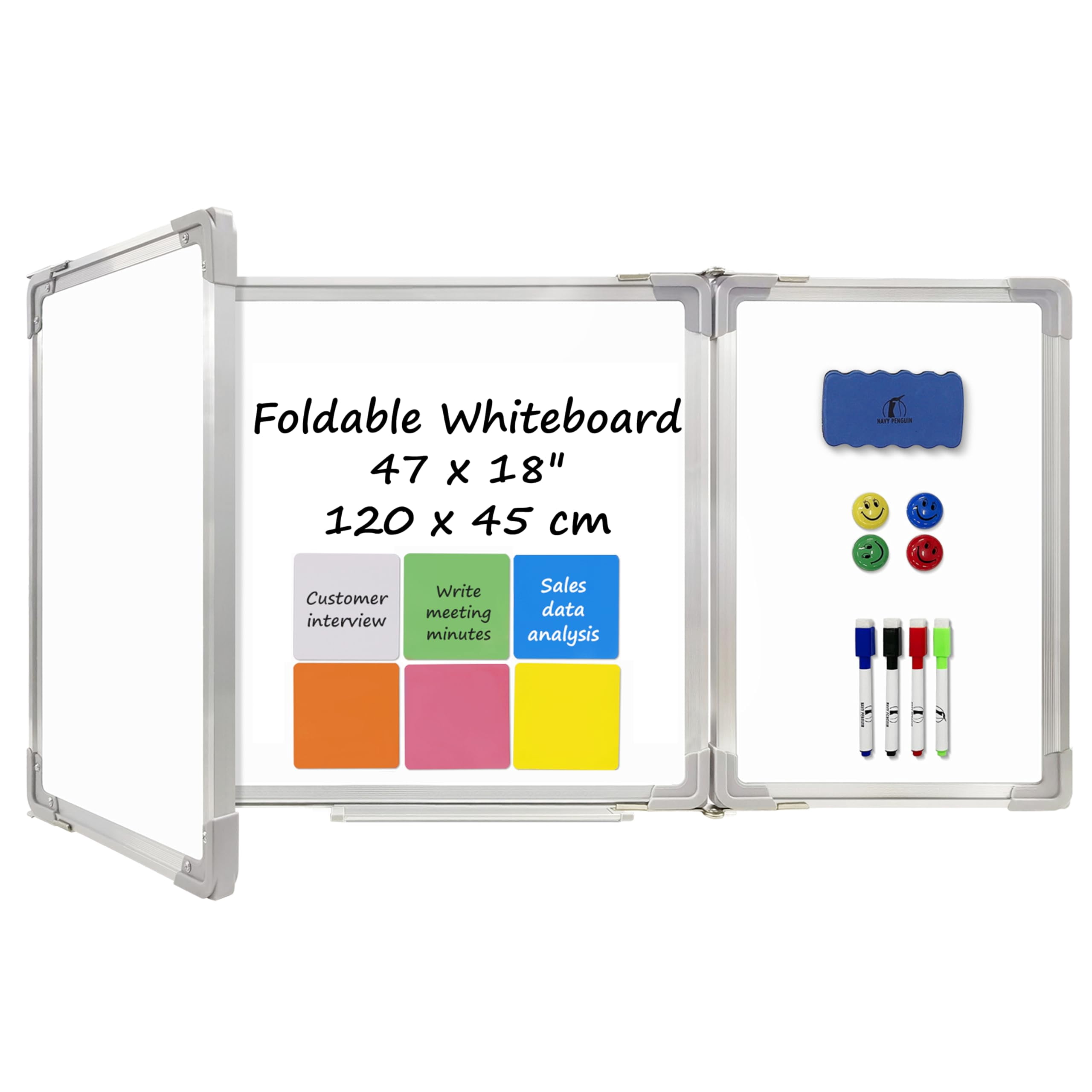 Whiteboard Set - Dry Erase Board 47 x 18 in with 1 Dry Wipe Eraser, 4 Markers, 4 Magnets and 6 Magnetic Notes - Large Wall White Board for Home and O