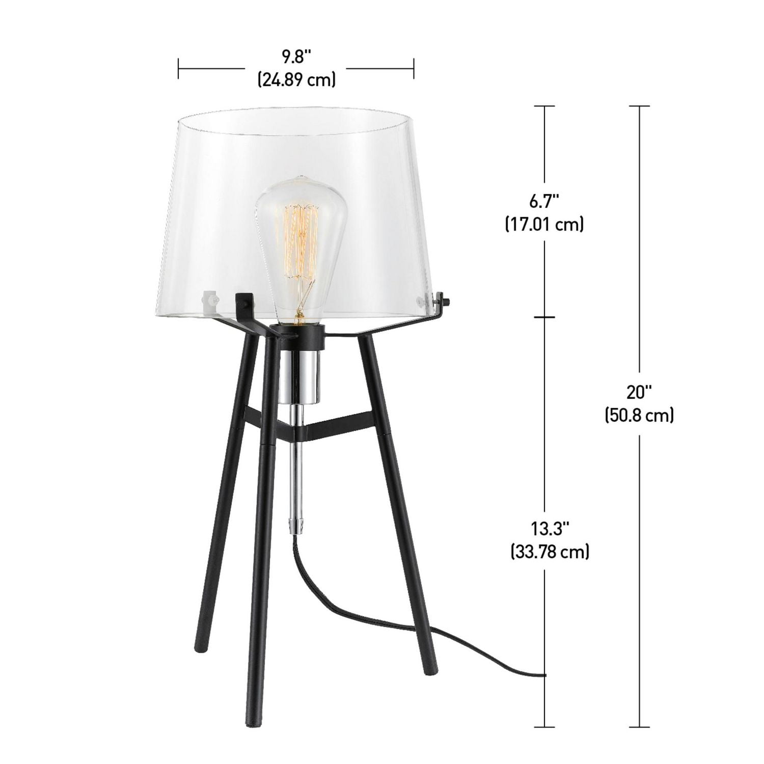Globe Electric Lancaster 20" Table Lamp, Black Finish, Exposed Chrome Socket, Metal Base, Clear Glass Shade, In-Line Rocker Switch, 67024