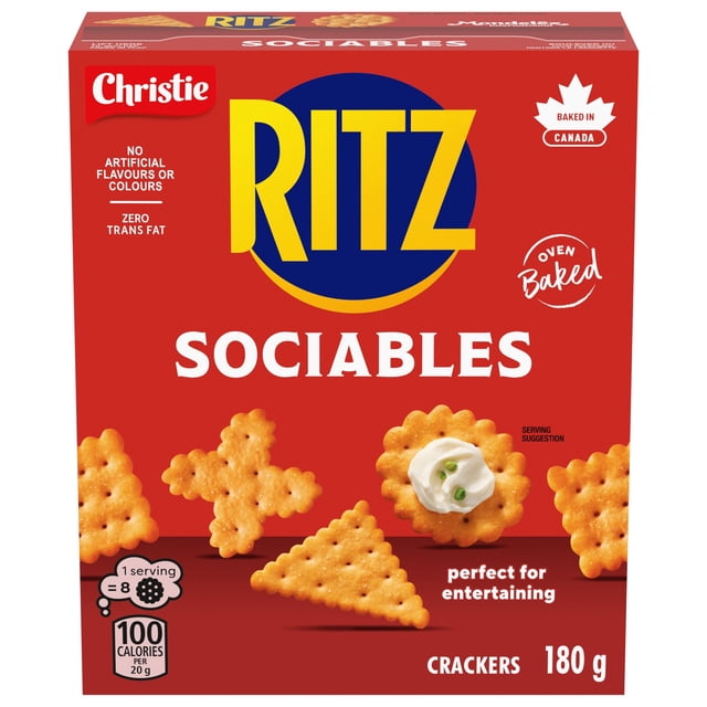RITZ Sociables Crackers 180 g box with red packaging featuring the yellow and blue RITZ logo, displaying oven-baked golden wheat crackers in round, triangular, and cross shapes, baked in Canada and ideal for entertaining or pairing with toppings.
