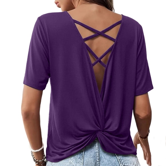 Dazajoo T-Shirts de Sport à Manches Courtes pour Femmes, Tendance Décontractée, Dos Ouvert, Grande Taille, Coupe Ample, T-Shirt Croisé Torsadé pour Sorties, Yoga, Gym, Violet, TTTG