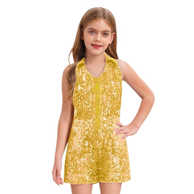 renvena Short Sequin Jumpsuits Pageant Romper For Girls Jazz Hip Hop Dancing Wedding Evening Gold 6