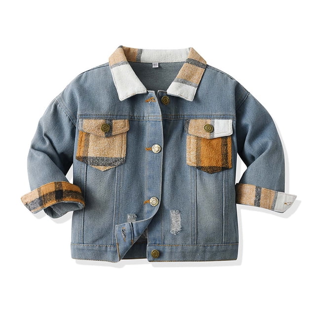 MeetoTime Veste en Denim pour Tout-Petit Bébé, Décontractée, à Revers, à Carreaux, Imprimée, à Manches Longues, Printemps Automne, Veste Courte pour Garçons Filles