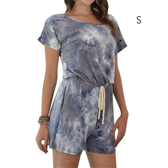 kurtrusly Women Jumpsuit Tie-dye High Waist Romper Lace-up Short Pants, Gray, S