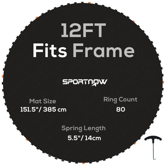 SportNow 12ft trampoline mat in black with 80 V-rings, 151.5 inch (385 cm) diameter, designed for 5.5 inch (14 cm) springs, shown flat with included spring installation tool.