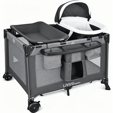4 in 1 Baby Playard, Foldable Travel Playpen with Bassinet, Removable Cradle and Changing Table, Large Pack and Play Beside Sleeper Portable Crib Nursery Center