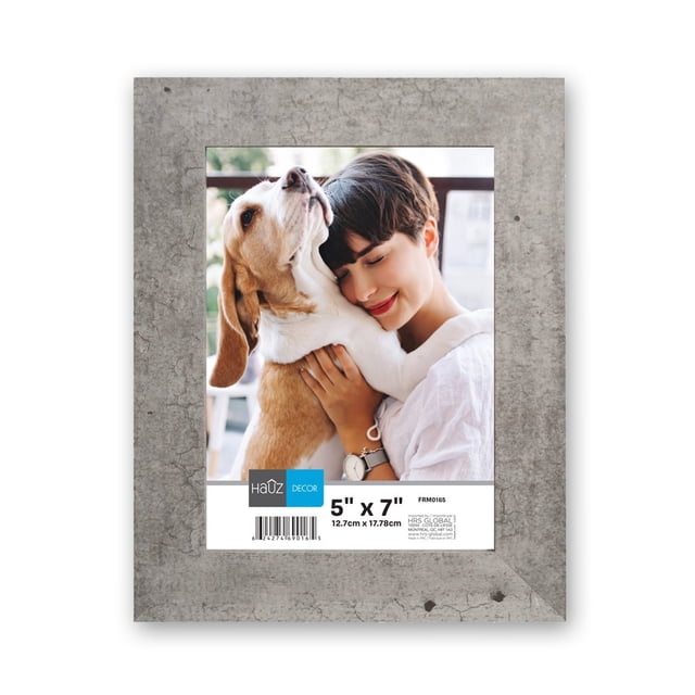 Hauz FRM0158 - 5x7 Picture Frame with a grey marble texture. The frame is designed to hold 5-inch by 7-inch photos and can be positioned in portrait or landscape orientation. The image shows the frame with a sample photo of a person holding a dog, set against a white background.