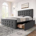 thumbnail image 1 of Bed Frame with 4 Storage Drawers and Adjustable Headboard, Upholstered Mattress Foundation with Skin-Frienly Linen, No Box Spring Needed, 1 of 9