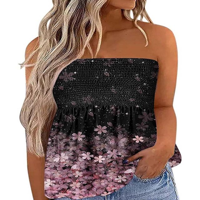 Women‘s Strapless Tank Tops Sleeveless Pleated Gradient Color Ladies Summer Boho Print Loose Fit Pullover