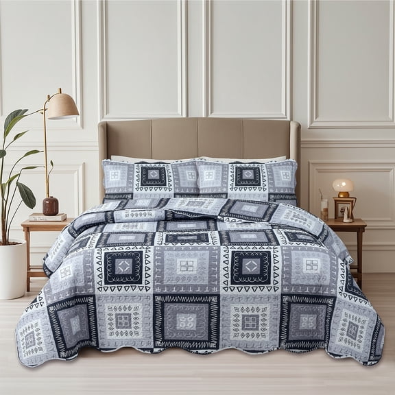Ensemble de literie Marina Decoration Pinsonic, couvre-lit doux imprimé en relief, 2 pièces, patchwork géométrique gris, taille simple/twin