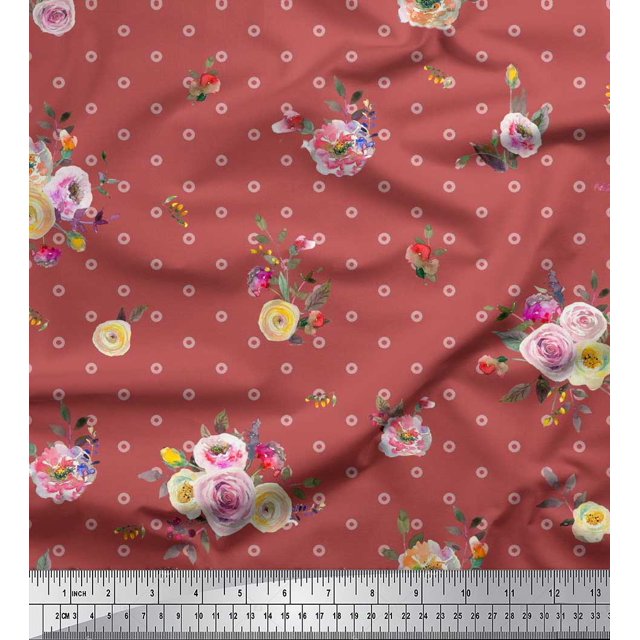 Soimoi Orange Poly Georgette Fabric Leaves,Small Circle & Floral Printed Fabric 1 Yard 42 Inch Wide