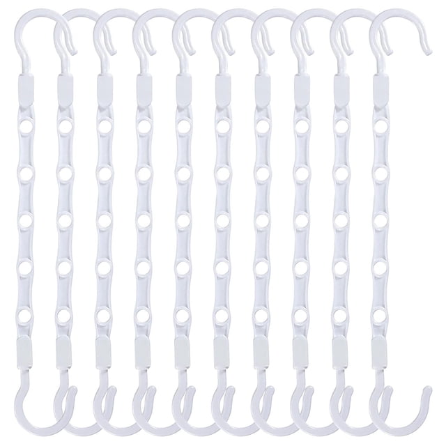 Wzzjkit Hangers, 10pcs multifunctional five-hole clothes hanger set made of durable ABS plastic, featuring rotatable 360-degree hooks and space-saving design. Each hanger includes five hanging slots for efficient organization, suitable for small spaces like dormitories or apartments. Ideal for closet organizers and clothes storage, the hangers are white with smooth edges to protect clothing and hands from scratches.