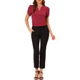 thumbnail image 2 of INSPIRE CHIC Blouse à Col Ras du Cou en V Découpé à Fente pour Femme, Décontractée, Poignets Froncés, Haut S Bourgogne, 2 of 6