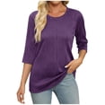 thumbnail image 3 of FAIWAD Hauts Texturés pour Femmes Été Chemises à Manches 3/4 Blouse Décontractée à Col Ras du Cou T-Shirts Basiques de Couleur Unie, 3 of 6
