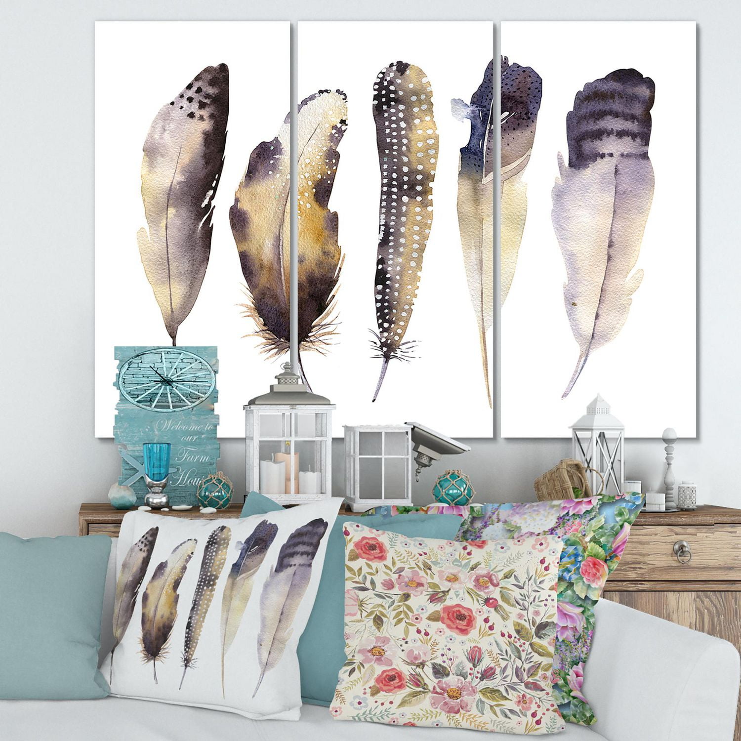 Designart Boho Ethnique Plumes Gris Foncé I Art mural sur toile