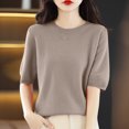 thumbnail image 1 of AherBiu Hauts d'Été pour Femmes Col Rond Manches Mi-Longues Chemises Unies Décontractées Coupe Ample T-Shirts Basiques Blouses, 1 of 4