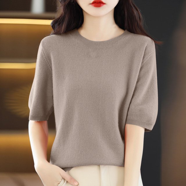 AherBiu Hauts d'Été pour Femmes Col Rond Manches Mi-Longues Chemises Unies Décontractées Coupe Ample T-Shirts Basiques Blouses
