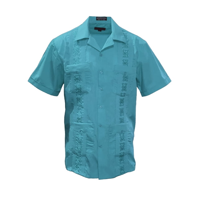 Gravity Threads Mens Guayabera Summer Shirt in turquoise, size 3X-Large. This classic Cuban button-down shirt features short sleeves, four front pockets, and vivid embroidery designs running vertically down both sides. Made of 60% cotton and 40% polyester, it is lightweight and ideal for summer occasions.