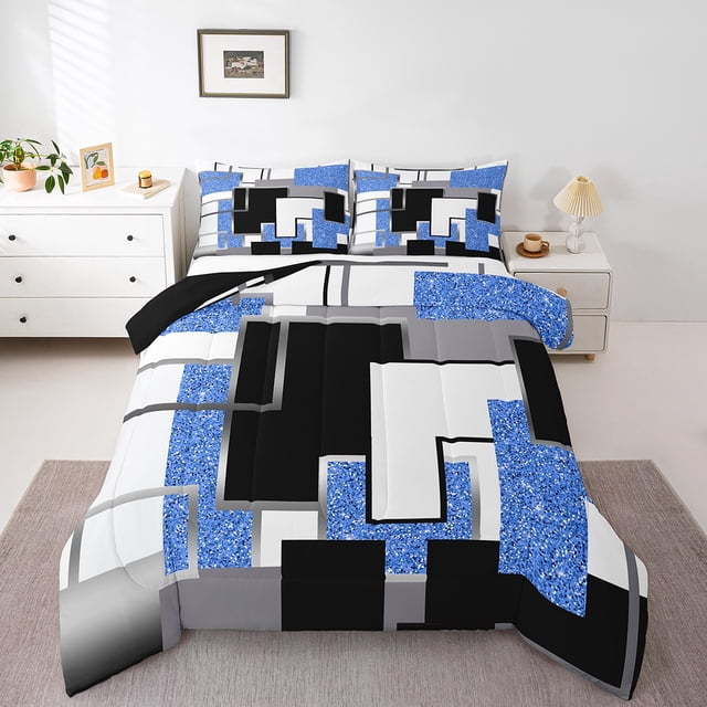 YST Boys Abstract Bedding Sets Toddler Size Geometric Sequins Comforter Set For Kids Teen Blue Black Grey Checkered Bed Comforter Set Fashion Square Grids Quilt Duvet