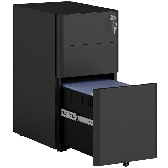 Vinsetto Steel File Cabinet with 3 Drawers, Lockable Filing Cabinet, Black