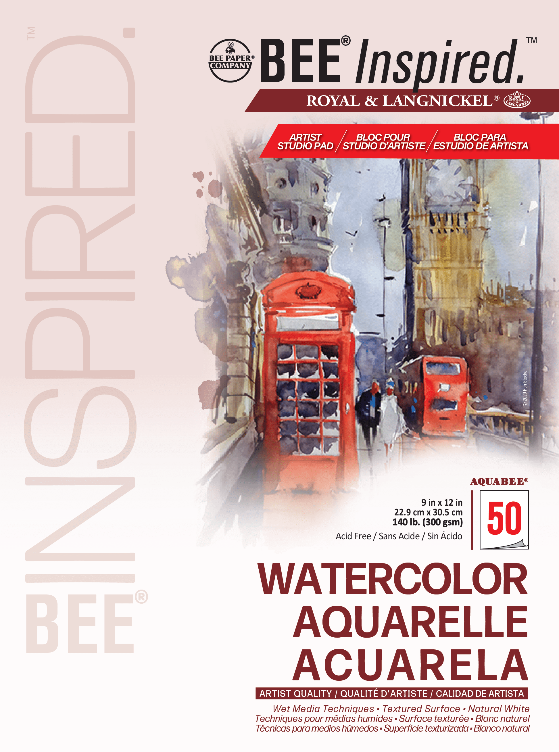 Bee Paper - Bloc de papier aquarelle studio inspiré des abeilles 9"x12", 50 feuilles, 140 lb, 300 g/m² | BEE-92066T-50 |