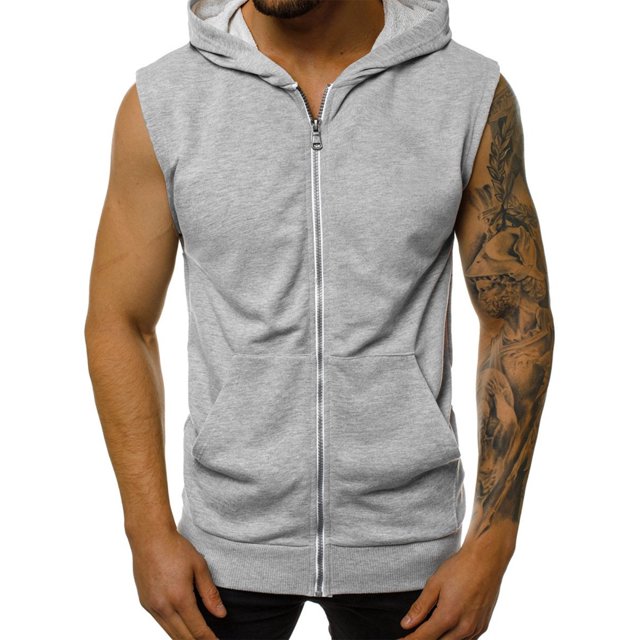 Innerwin Hoodies Sleeveless Men's T Shirt Summer Zip Up Regular Fit Hooded Tank Tops Light Gray S