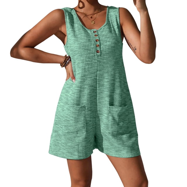Lenpel Women's Plus Size Rompers Summer Casual Scoop Neck Quarter Button Textured Sleeveless Jumpsuits Loose Short Overalls with Pockets
