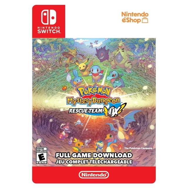 Pokemon Mystery Dungeon: Rescue Team DX - Nintendo Switch full game download cover art featuring Pikachu, Squirtle, Mudkip, Totodile, Charizard, and other Pokémon in a watercolor-inspired forest and cave setting, emphasizing the dungeon-crawling adventure and turn-based battles in this Nintendo eShop downloadable game.