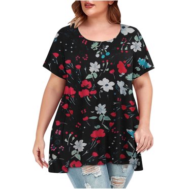 EQWLJWE Tops Women Summer Pour Femmes Tops Dégagement Women Mode Casual Chemises d'Impression à Manches Courtes en Vrac Grande Taille Tee Tops Col Rond Tunique Blouse