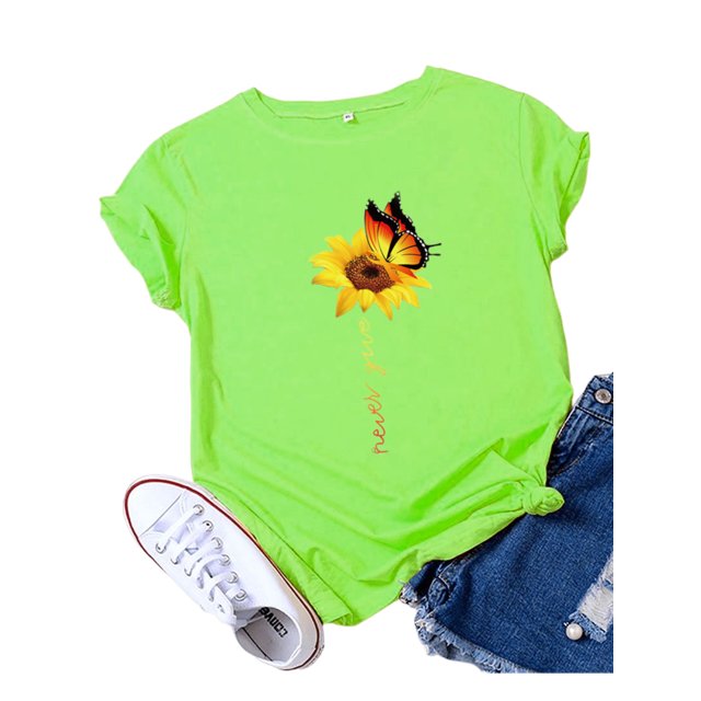 Innerwin Tee Butterfly Letter Printed Ladies T Shirt Holiday Short Sleeve Basic Tops Green XL