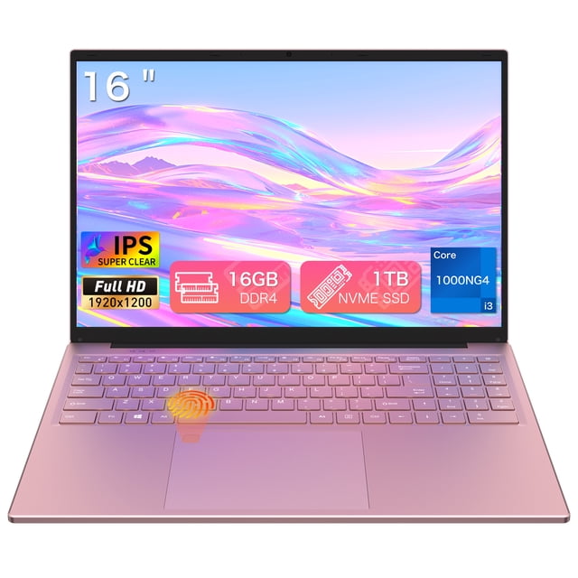 Auusda Portable Domestique 16 Pouces Rose, Doté d'Un Écran IPS Brillant de 16 Pouces FHD 1920x1200. Propulsé par un Processeur Intel Core i3 1000NG4 de 10e Génération, Il Comprend une RAM DDR4 de 16 Go et un SSD de 1 To pour des Performances Rapides et un Stockage ample. Préinstallé avec Windows 11 Pro, Il Offre un Clavier Rétroéclairé, un Lecteur d'Empreintes Digitales pour la Confidentialité, et une Charnière durable à 180 Degrés. Équipé de Bluetooth
