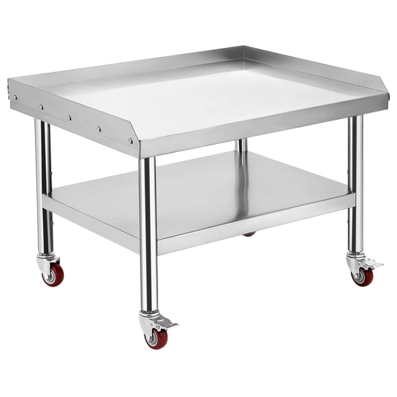 Heavy-Duty Stainless Steel Equipment Grill Stand Table 24"x24"x24" – 1000 lbs Top Shelf, 220 lbs Adjustable Bottom Shelf, 2" Edge Baffle, Adjustable Legs, Non-Powered with Casters