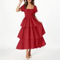 thumbnail image 2 of yoeyez Robes d'Été pour Femmes à Manches Courtes Volantées, Encolure Carrée, Robe Midi Smockée, à Étages, Plage, Vacances, Fluide, Coupe Trapèze, Rouge, m, 2 of 7