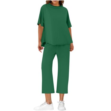 fheaev Sets for Women Two Piece Sets Travel Vacation Outfits Fall Sweatsuit Tracksuit Solid Color Casual Pullover Top Wide Leg Pants Set