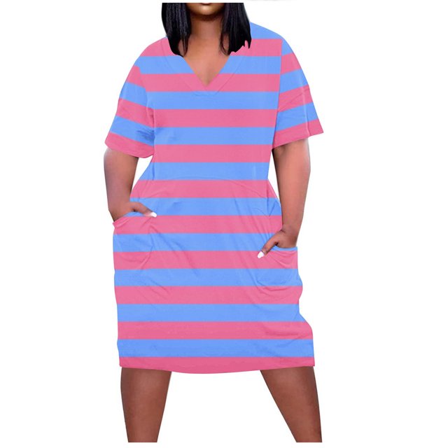 Pisexur Robes d'Été pour Femmes Mode à Imprimé Floral Robe Soleil Décontractée Ample à Col en V à Manches Courtes Robes T-Shirt Fluides Surdimensionnées Robe de Plage avec Poches Grande Taille Robe Mi-Mollet L-5TG