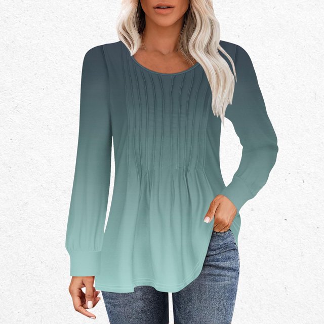 RXIRUCGD Hauts Décontractés pour Femmes, Mode, Amples, Plissés, Col Rond, à Manches Longues Dégradées, Vert Armée, Taille : TG