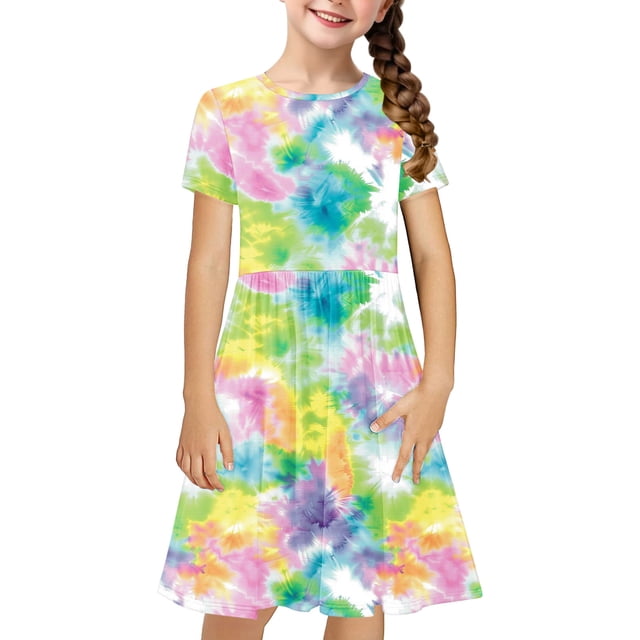 Robe Fille Été Patineuse Robe T-Shirt Teinture sur Nœuds Décontractée à Manches Courtes Robe Fluide pour Enfants 4-14 Ans