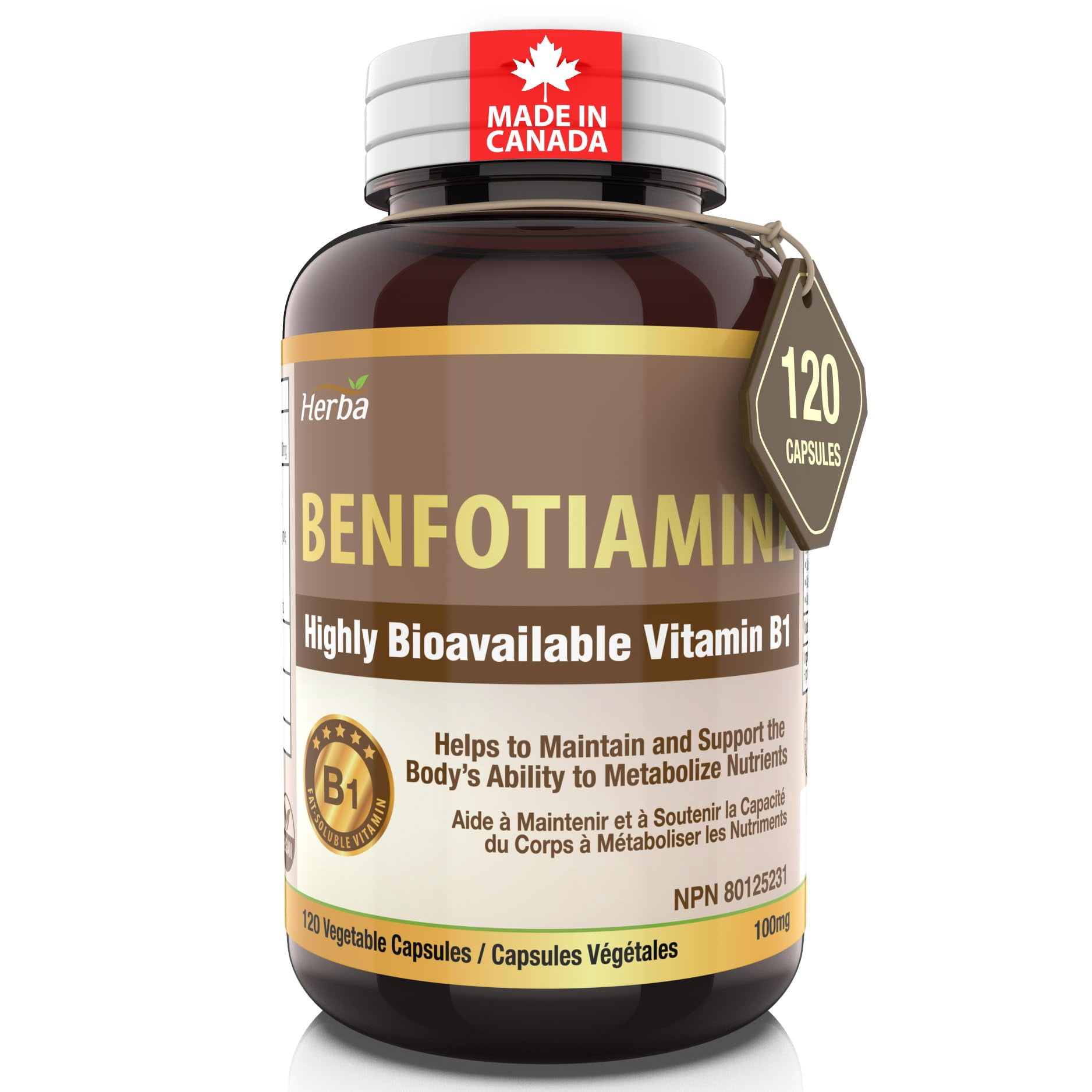 Herba B1 Benfotiamine 100mg - 120 Capsules | Fat Soluble Vitamin B1 | Made in Canada