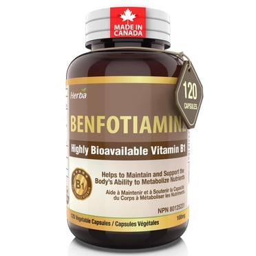 Herba B1 Benfotiamine 100mg - 120 Capsules | Fat Soluble Vitamin B1 | Made in Canada