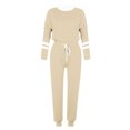 thumbnail image 4 of Posijego Ensemble Femme 2 Pcs Tenue Rayée Décontractée Manches Longues Col Ras du Cou Hauts Pantalons à Cordon Ensembles Détente P-5TG, 4 of 5