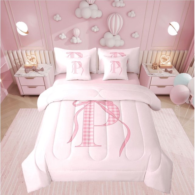Erosebridal Ensemble de Literie Rose avec Nœud, Format Double, Ensemble de Lit Initiale P, Déco de Chambre de Princesse, Réversible 7 Pcs