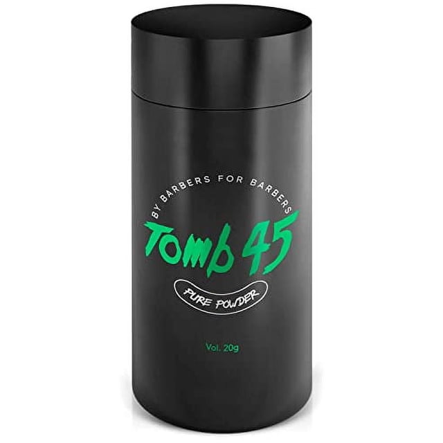 Tomb 45 Pure Powder for Hair Styling, a 20g volumizing and texturizing powder in a sleek black cylindrical container with green and white branding. Designed for creating natural matte finishes, texture, and separation, suitable for all hair types.